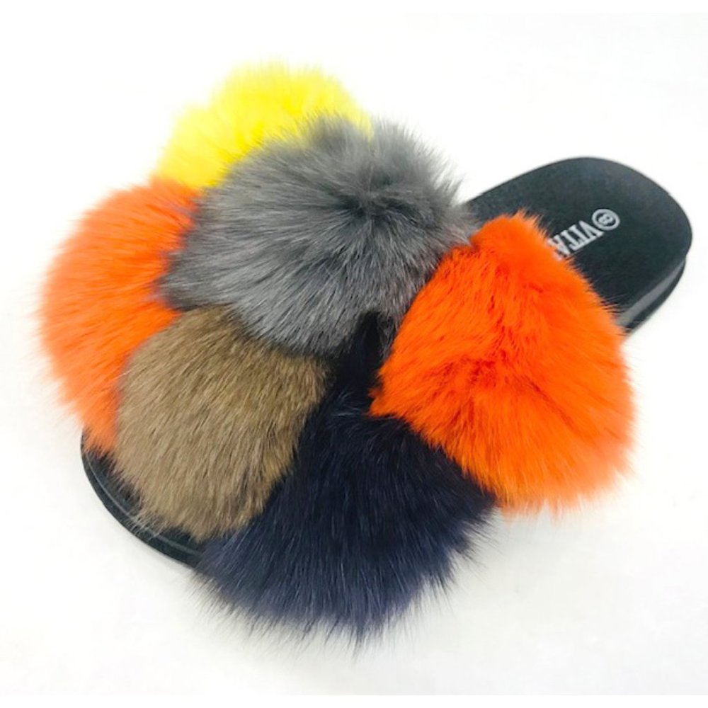 Women's Furry Open Toe Fluffy Pompom Slides Comfy Slides Sandals - Orange